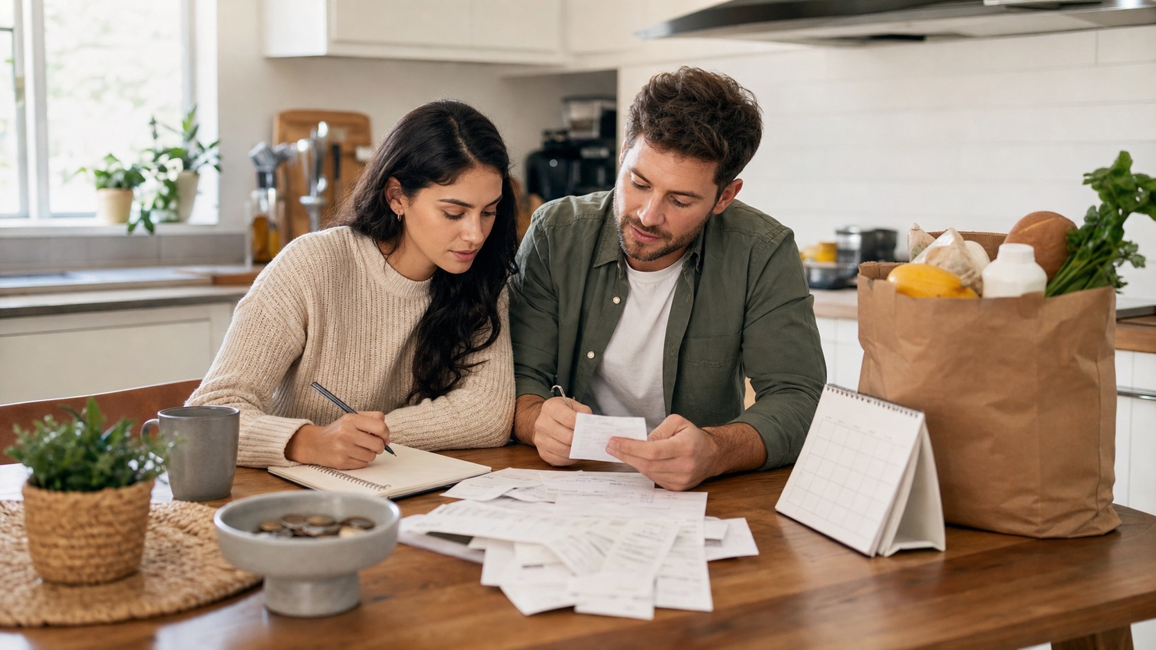 A couple calmly planning rent, groceries, shared supplies, and personal expenses at a kitchen table
