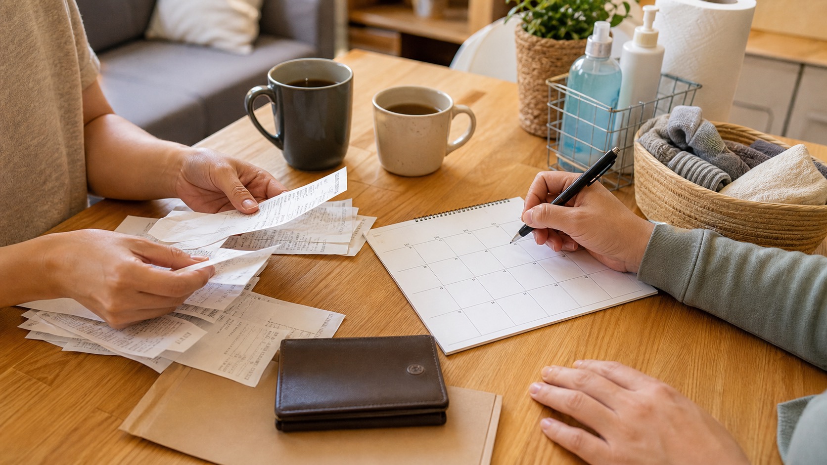 Receipts and a blank calendar arranged for a monthly household expense settlement