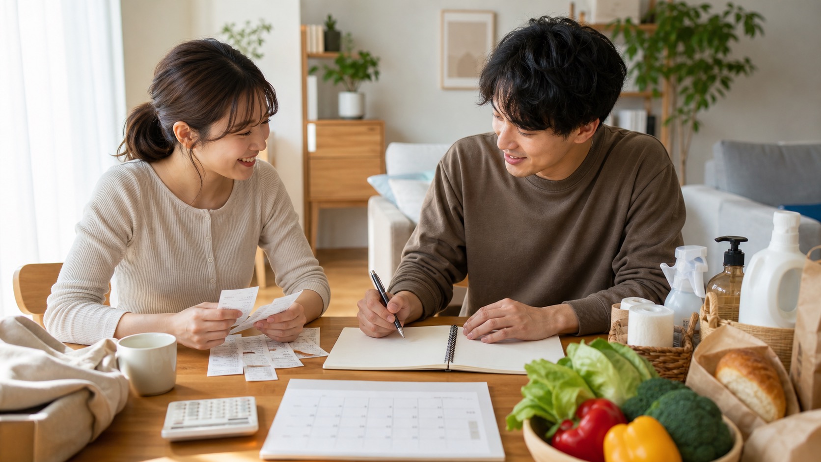 Receipts, groceries, and a household budget plan arranged on a kitchen table