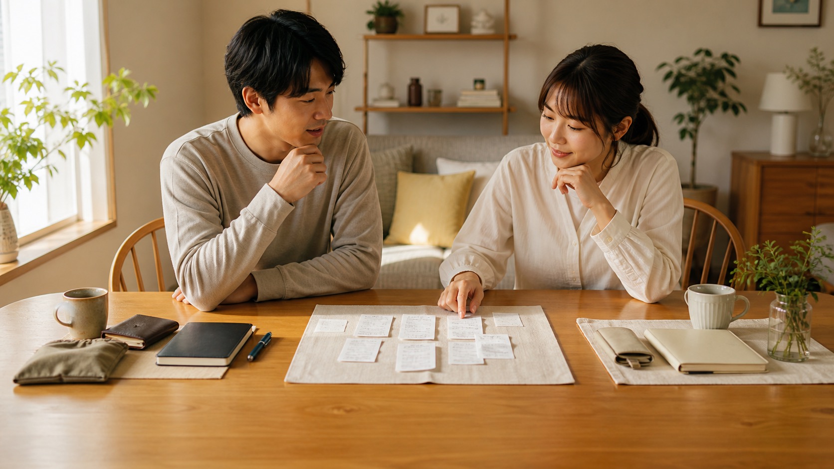 共有支出のレシートだけを中央に置き個人のものは分けて話し合う写真