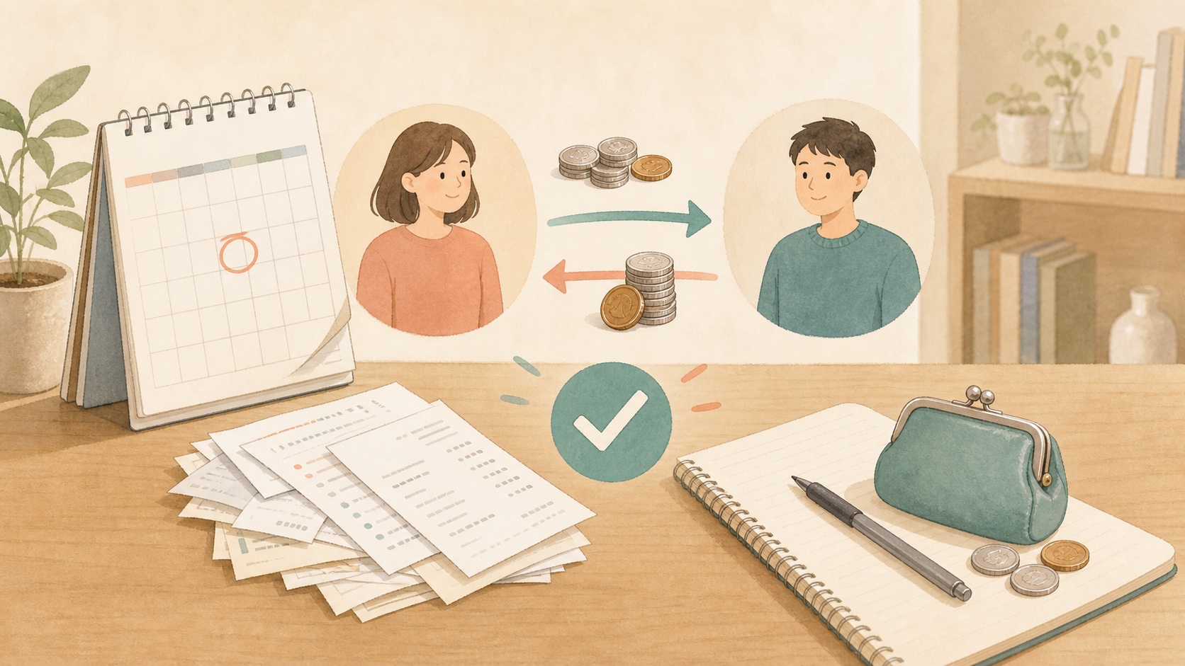カレンダー、レシート、硬貨を使って月末に立て替え精算を整理するイラスト