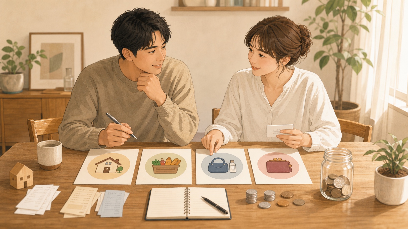 情侶在餐桌旁討論房租、食材、生活用品與個人支出的分帳規則