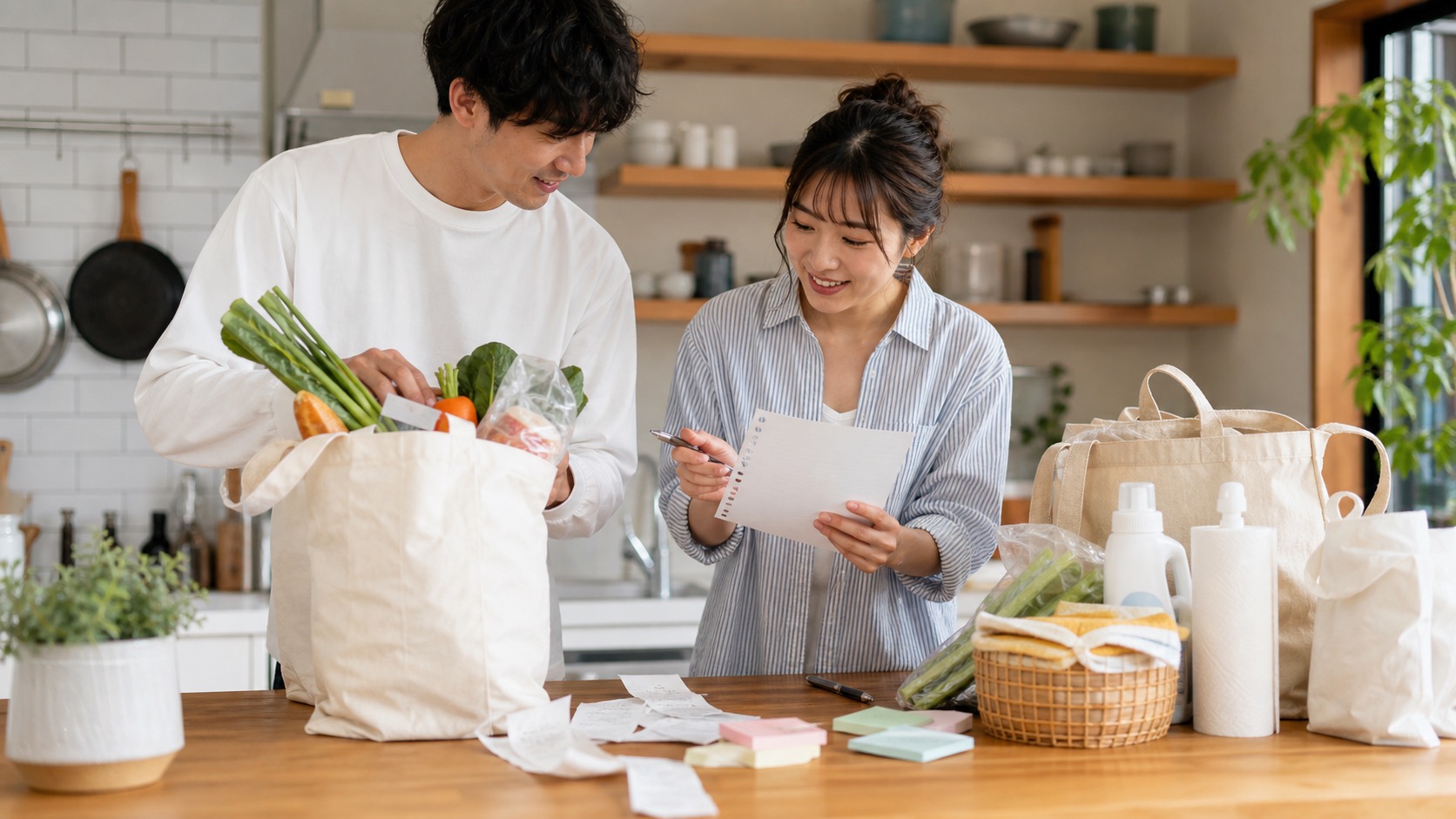 廚房檯面上有購物清單、生活用品與收據，呈現共同生活的採買情境