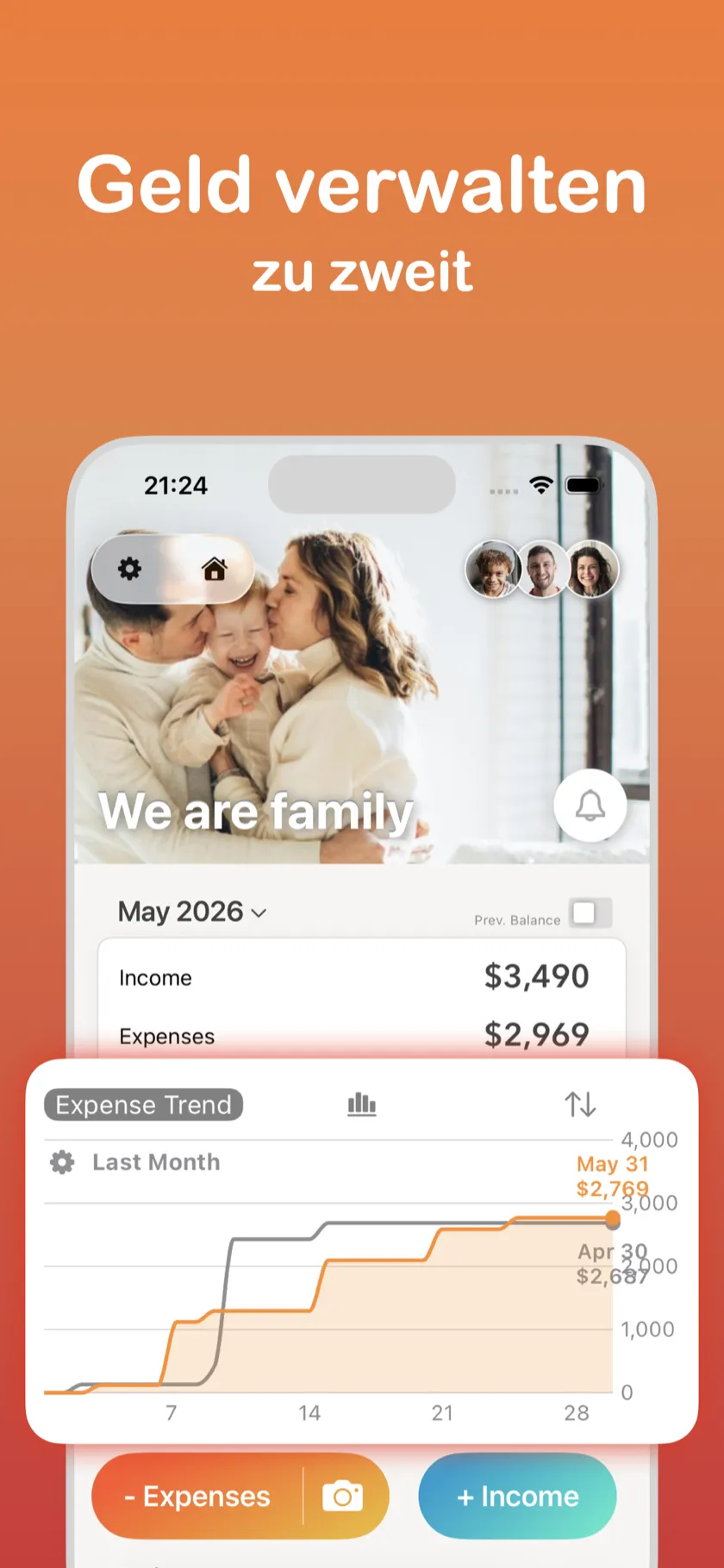 Finanzen zu zweit verwalten — Startbildschirm mit Ausgabentrend-Diagramm
