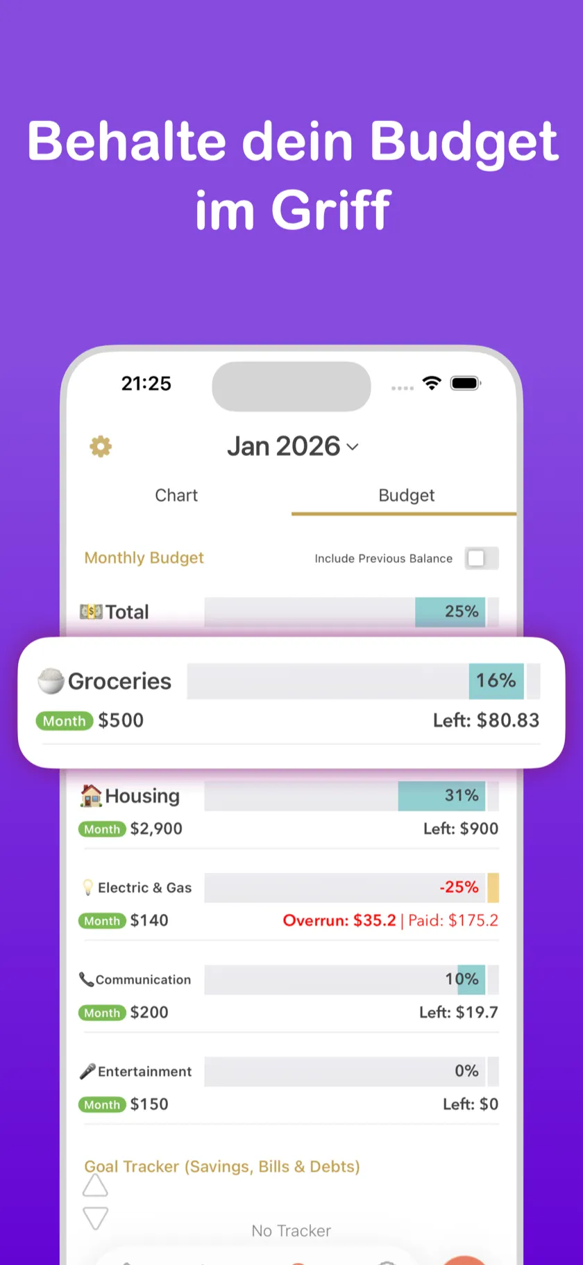 Budget im Griff behalten — Monatsbudget mit Kategorieübersicht
