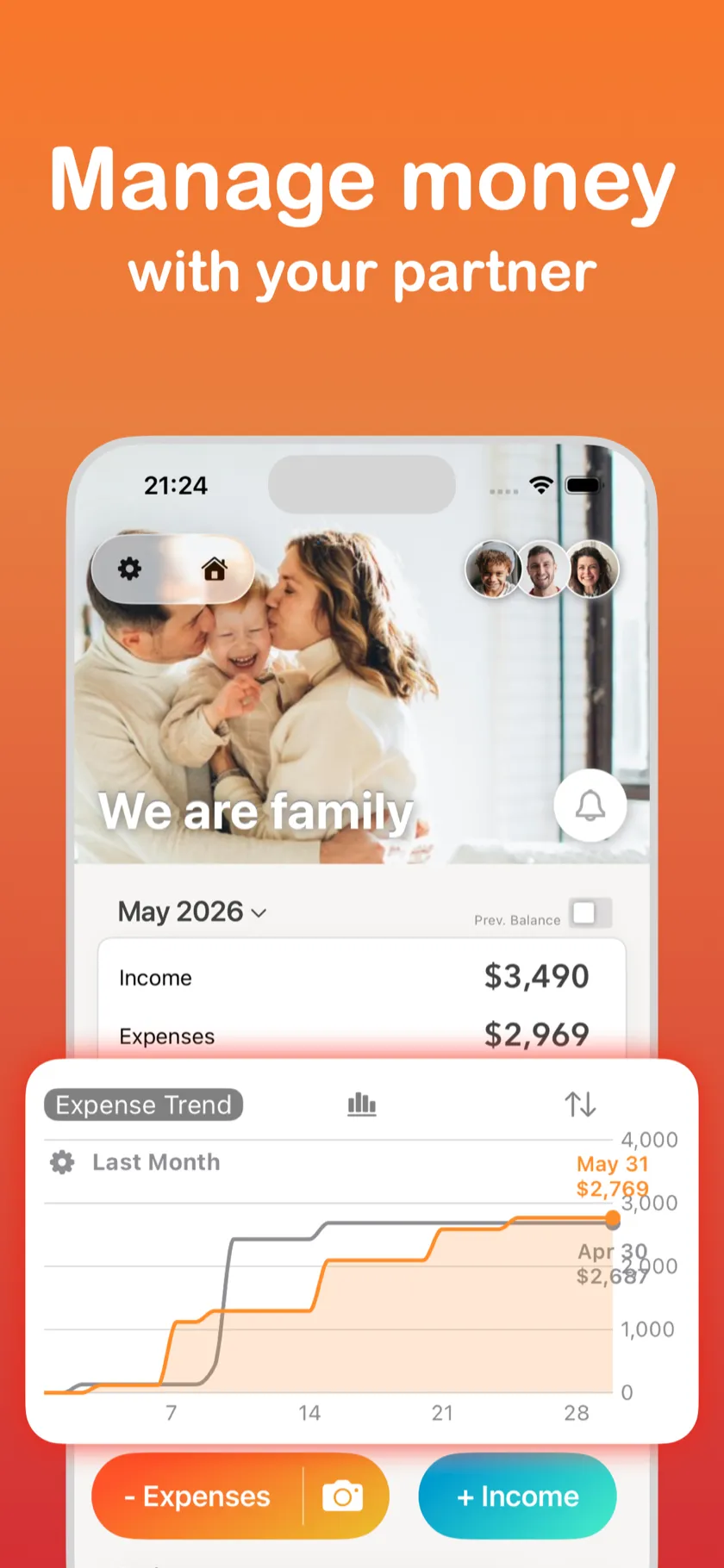 Manage money with your partner — Home screen with expense trend chart