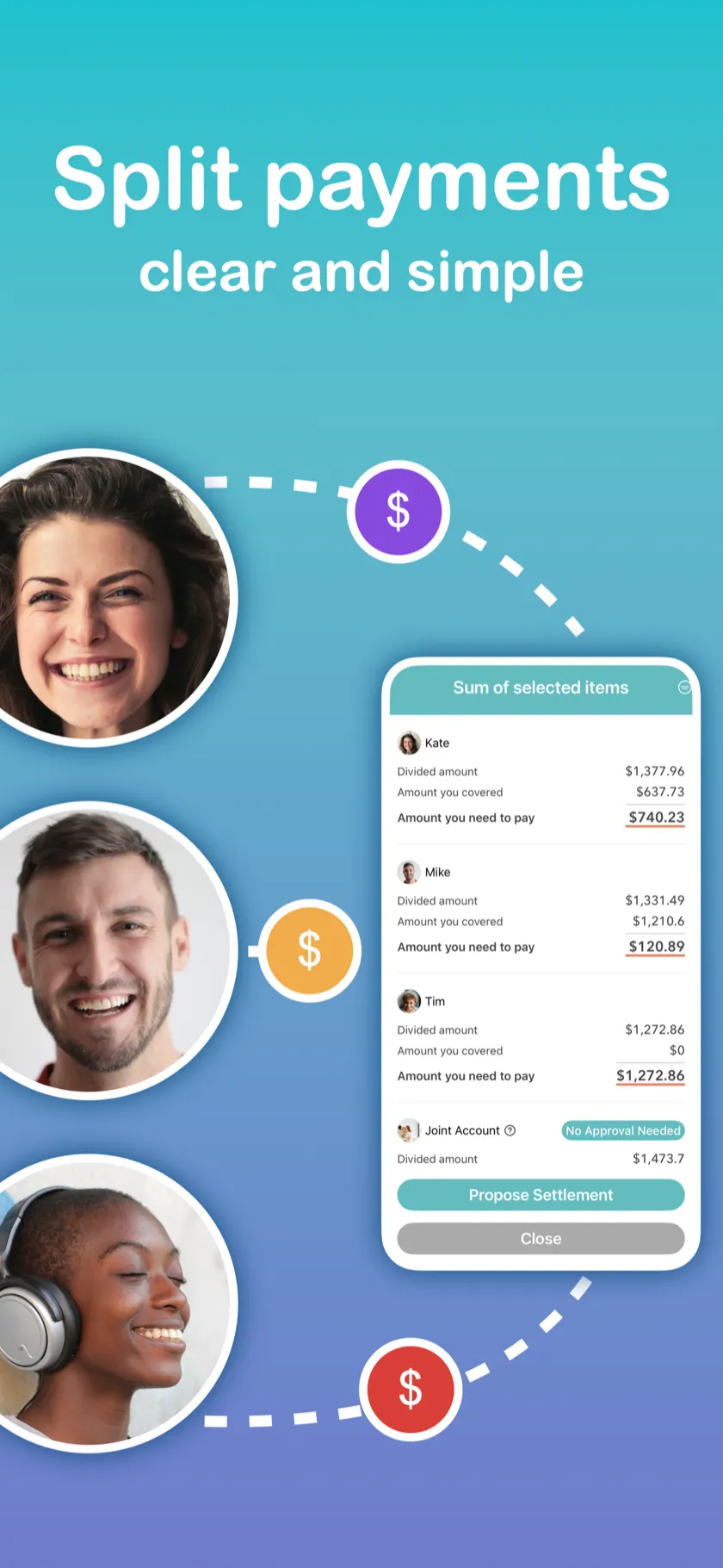 Split payments clear and simple — Settlement screen showing each person's share