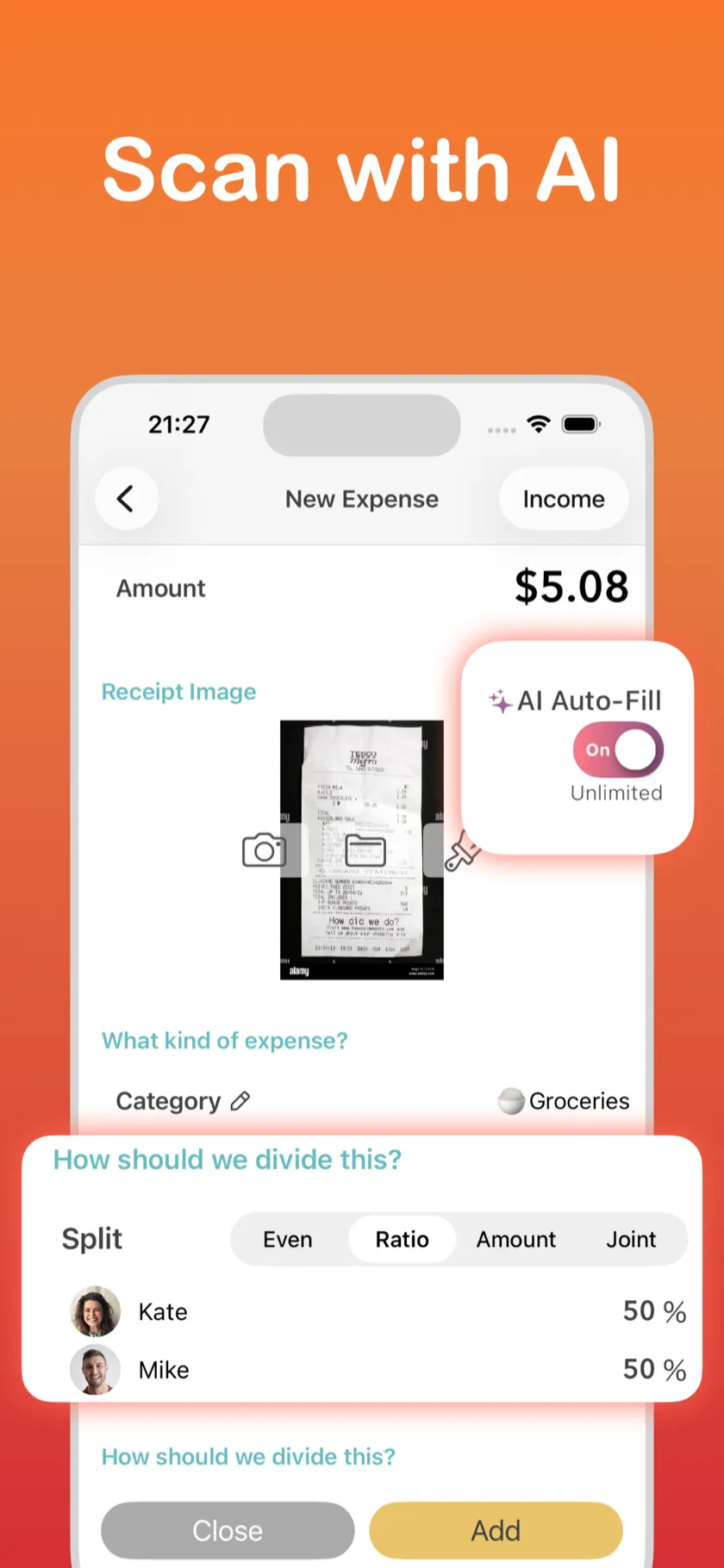 Scan with AI — Receipt capture with auto-fill and split options