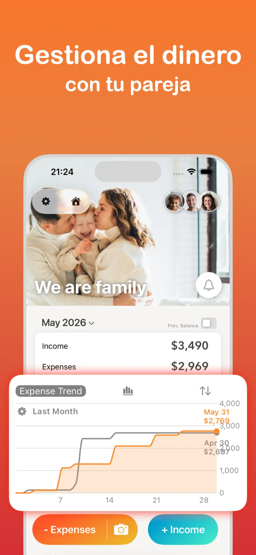 Gestiona el dinero en pareja — Pantalla principal con gráfico de tendencia de gastos