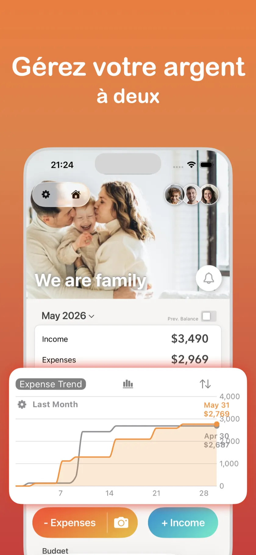 Gérer les finances à deux — Écran d'accueil avec graphique des tendances
