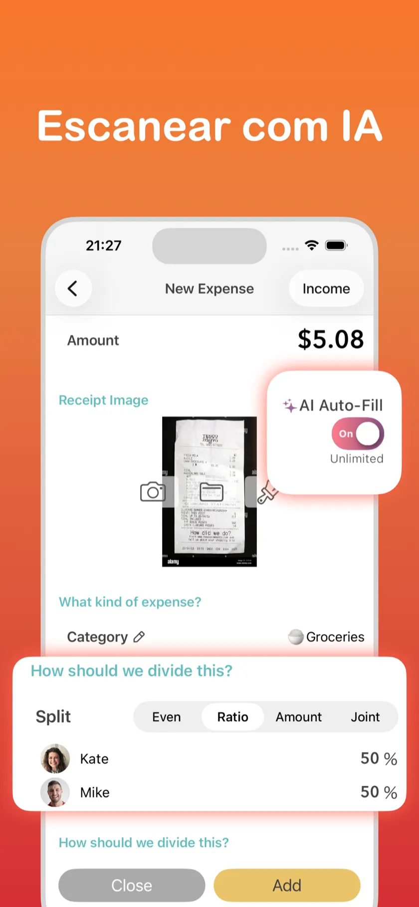 Registrar recibos é trabalhoso? — Captura de recibos com preenchimento automático e opções de divisão