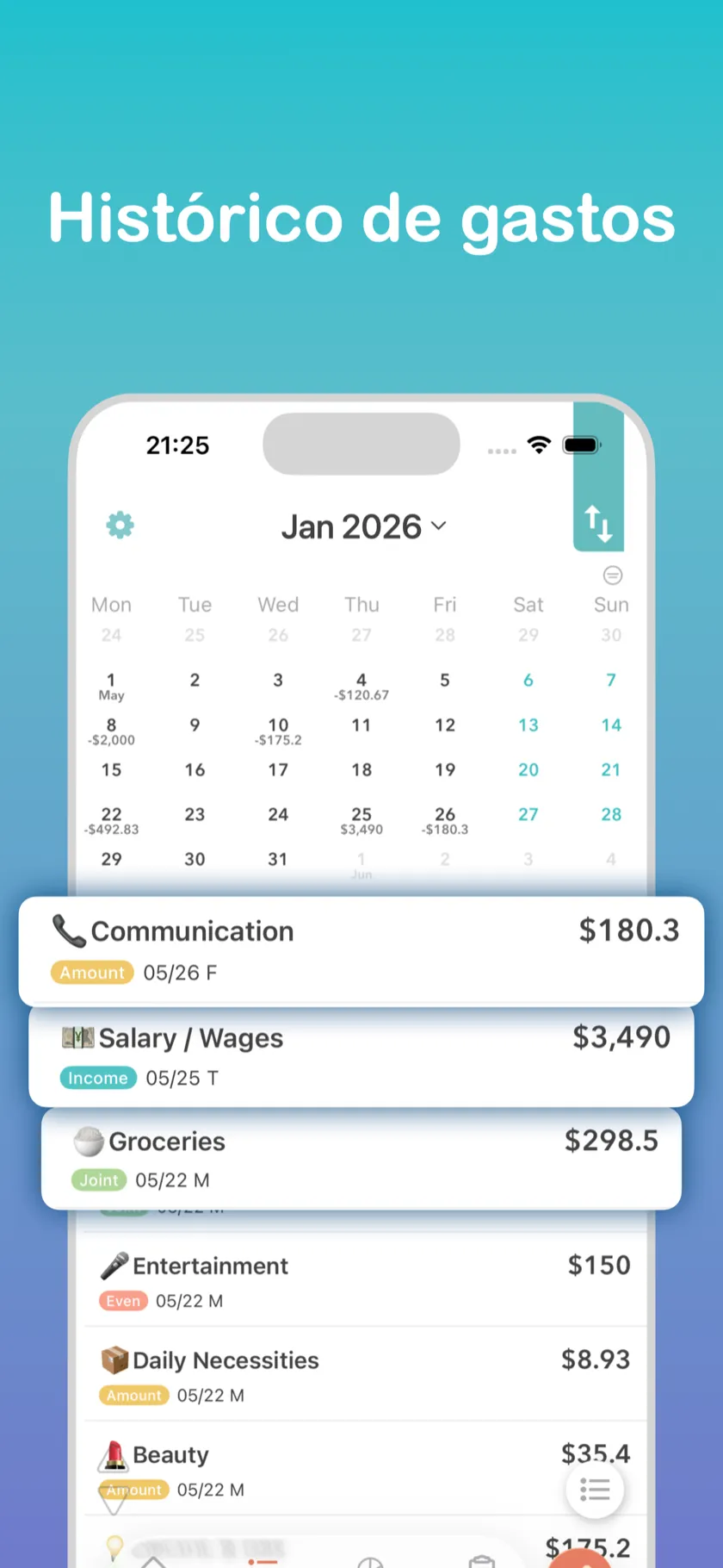 Como acompanhar os gastos passados — Visualização em calendário com detalhes diários de despesas
